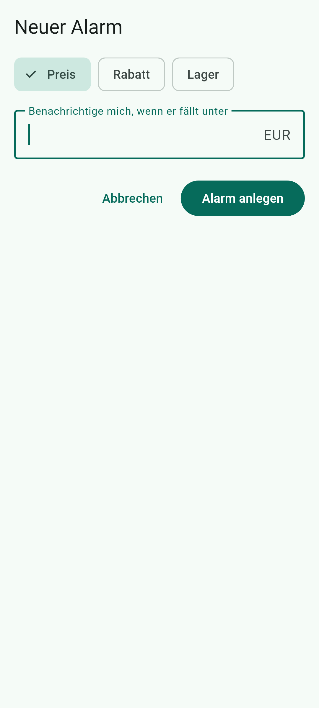 Preisalarme — Dieser Bildschirm, in der App.