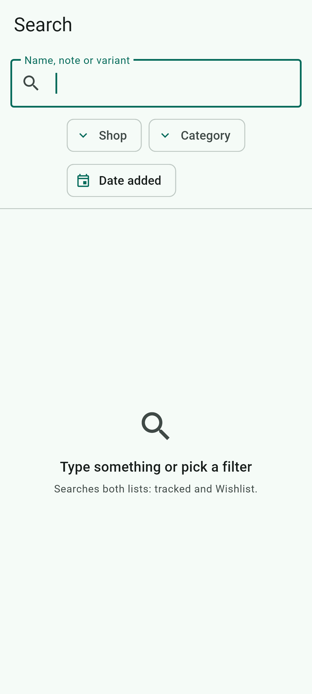 Search what you already track, by shop, category or date.