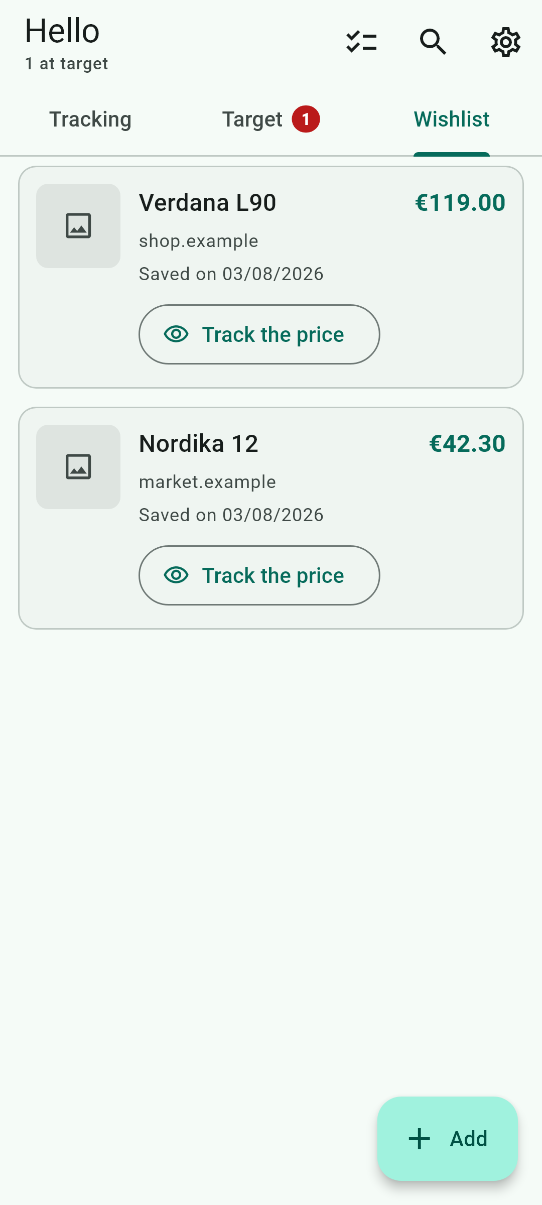 The wishlist — This screen, inside the app.