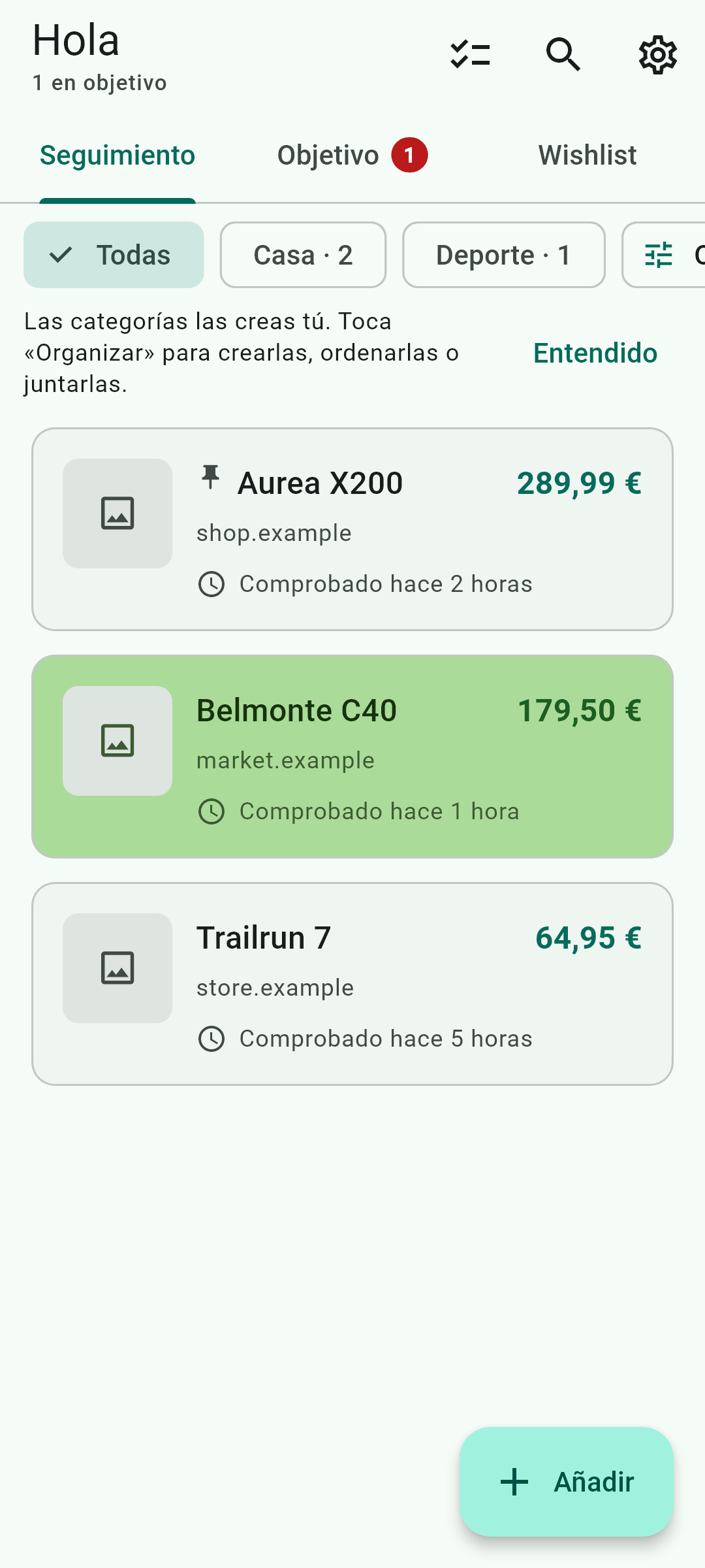 Tu lista, con el precio de cada producto y cuándo se miró por última vez.