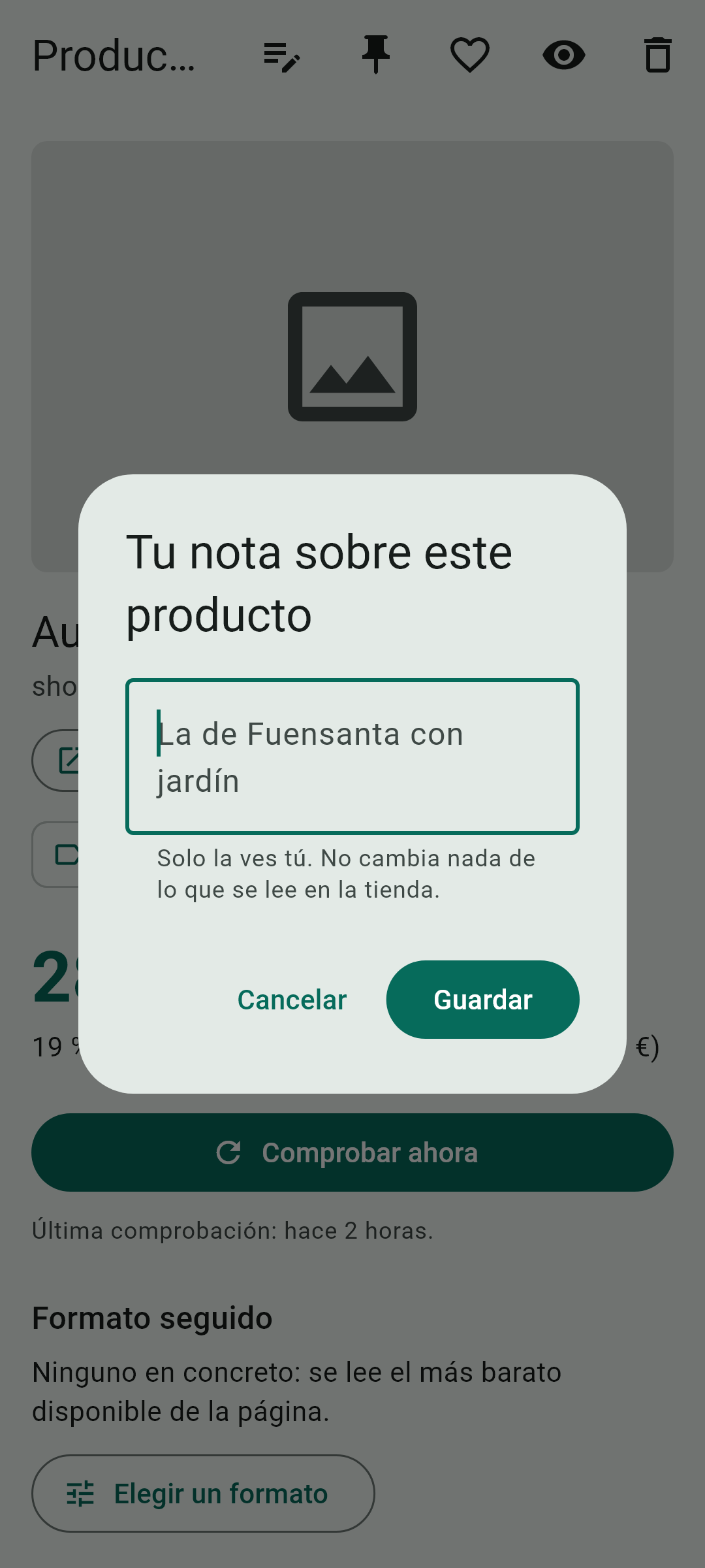 Tu nota en una ficha — Esta pantalla, dentro de la aplicación.