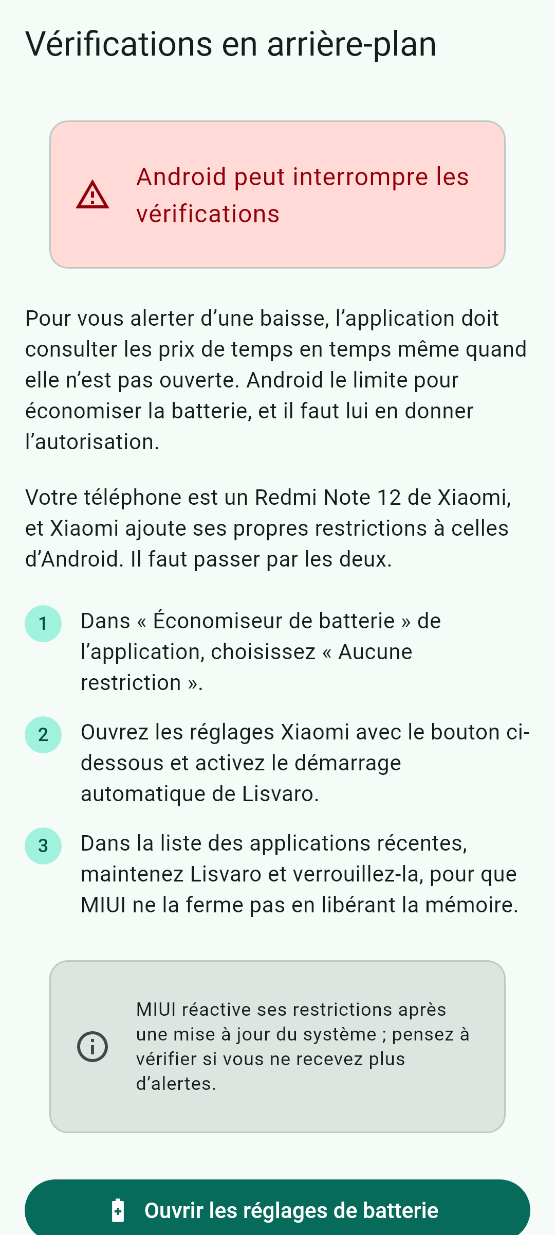 Batterie et arrière-plan — Cet écran, dans l'application.