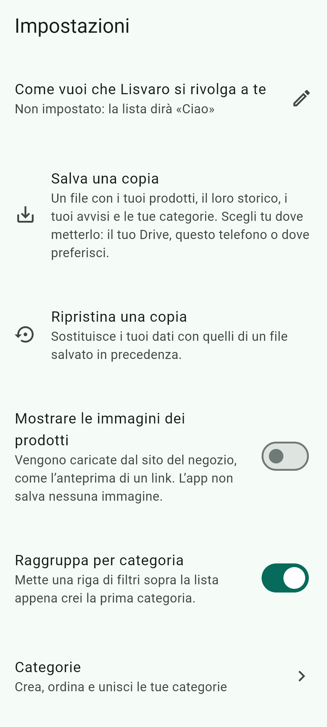 I tuoi dati — Questa schermata, dentro l'applicazione.