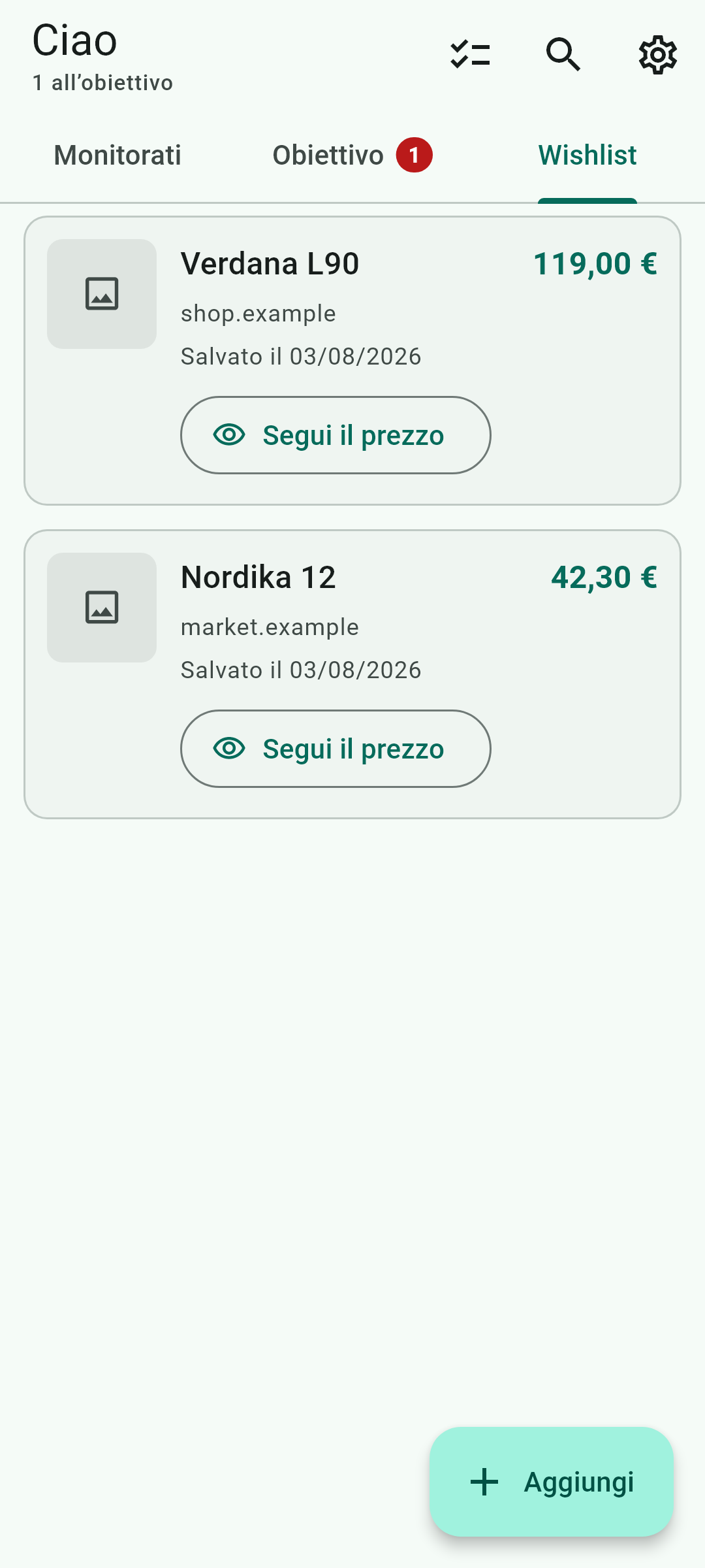 La wishlist — Questa schermata, dentro l'applicazione.
