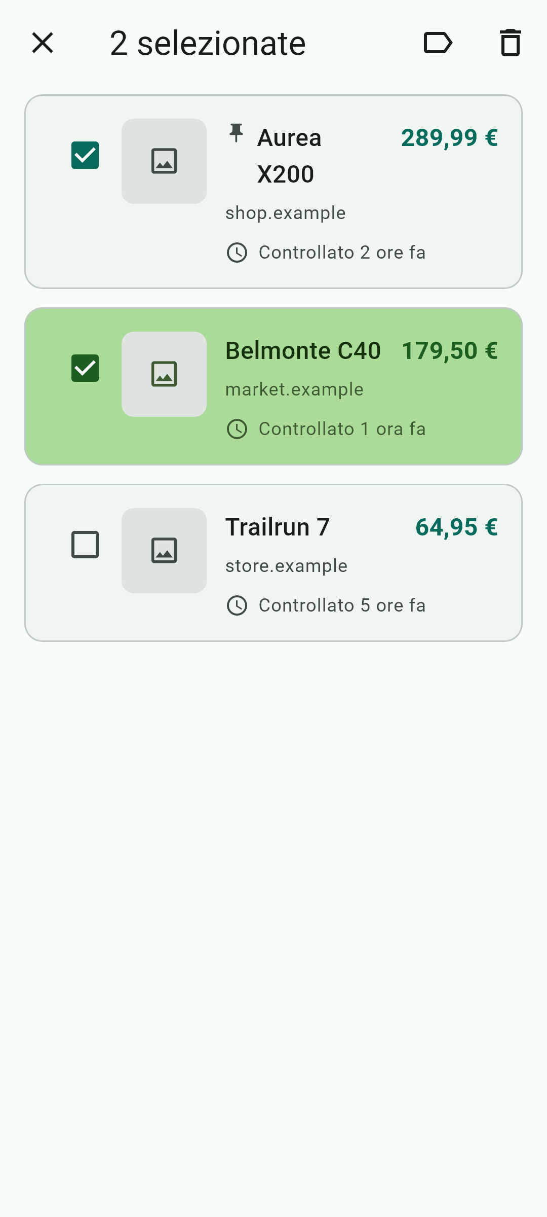 Selezionare ed eliminare più schede insieme — Questa schermata, dentro l'applicazione.